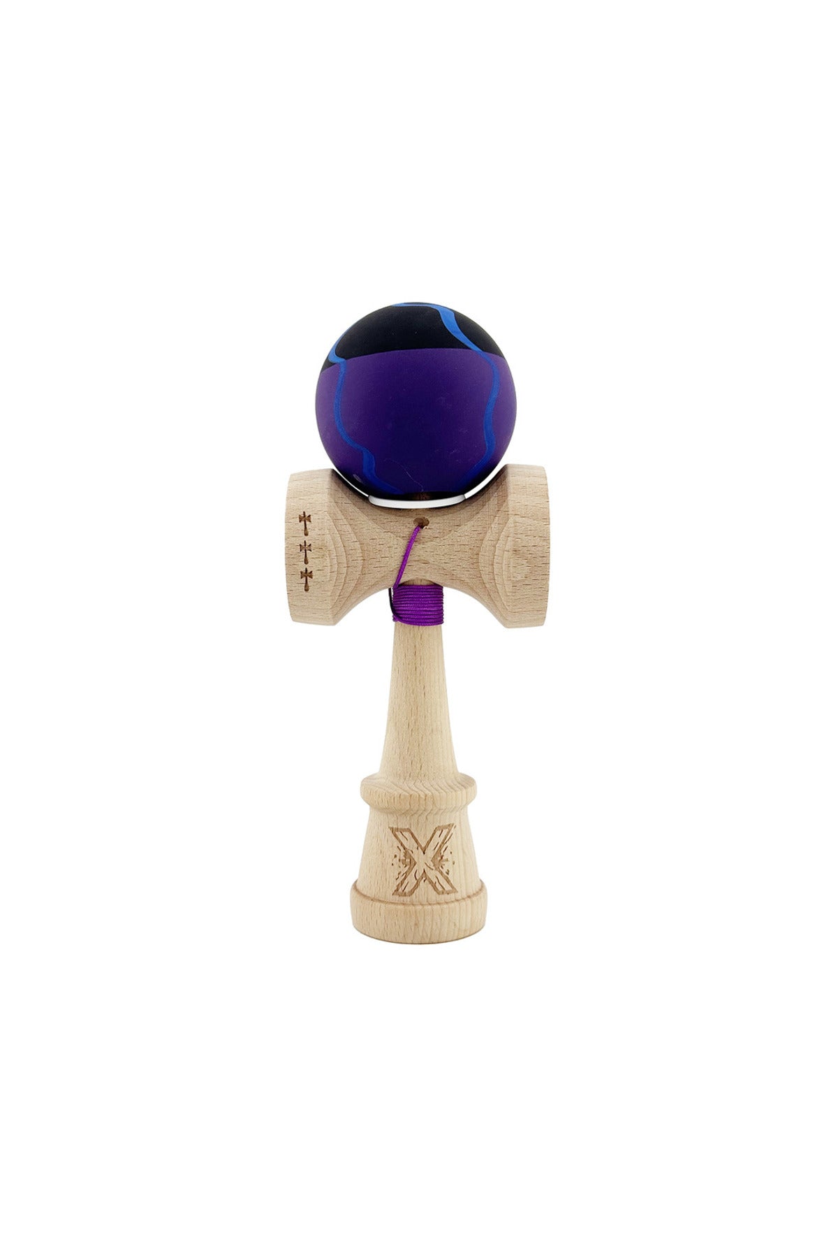 Kendama X Originala, Model V3 Special Negru / Mov / Albastru, Profesionala, Cupe Mari King Size, Rubber Grip, Gaura in Baza, Rulment, Ata 55cm