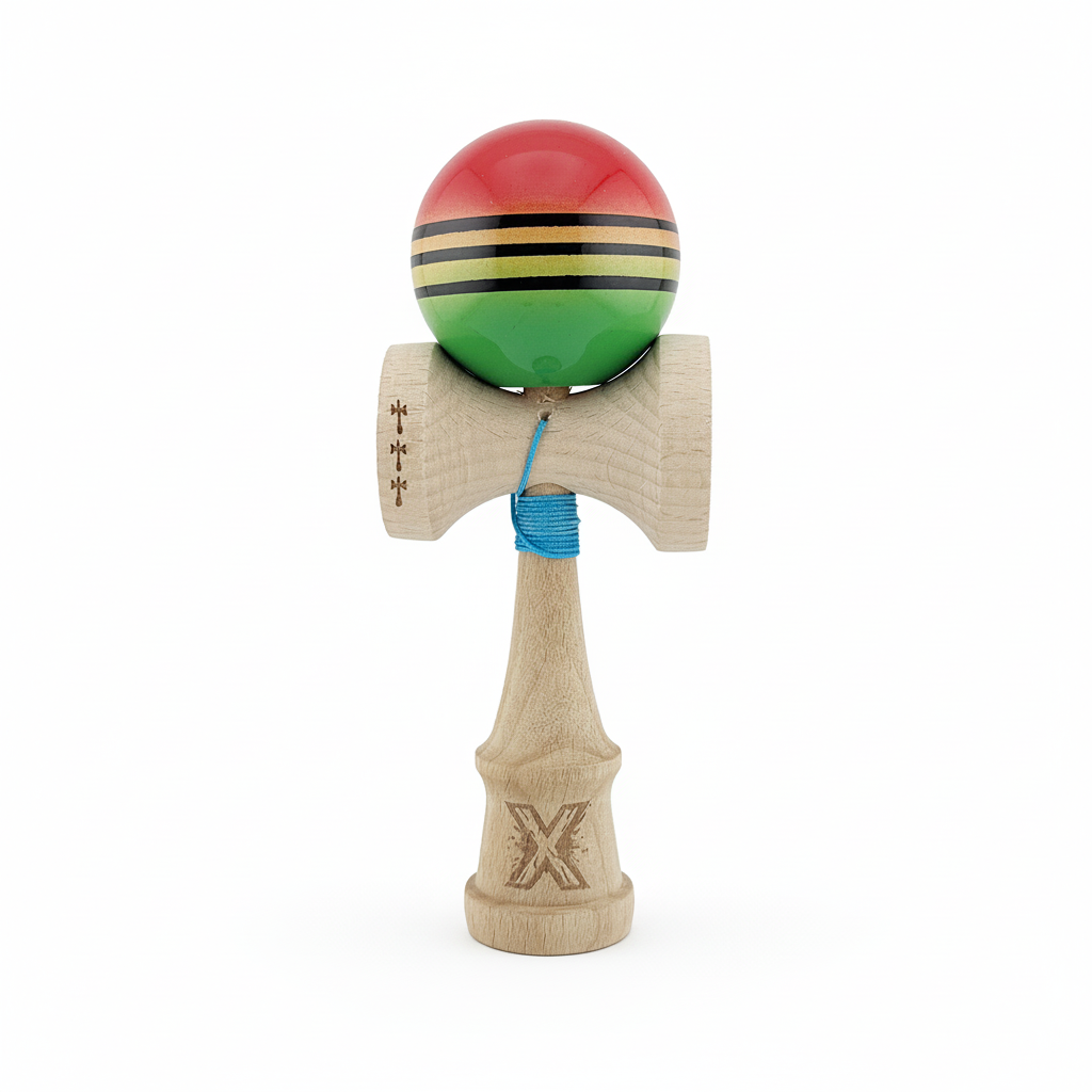 Kendama X Originala, Model Rosu / Galben / Verde in Degrade, Profesionala, Legendary, Cupe Mari, Super Sticky, Rulment, Ata 55cm