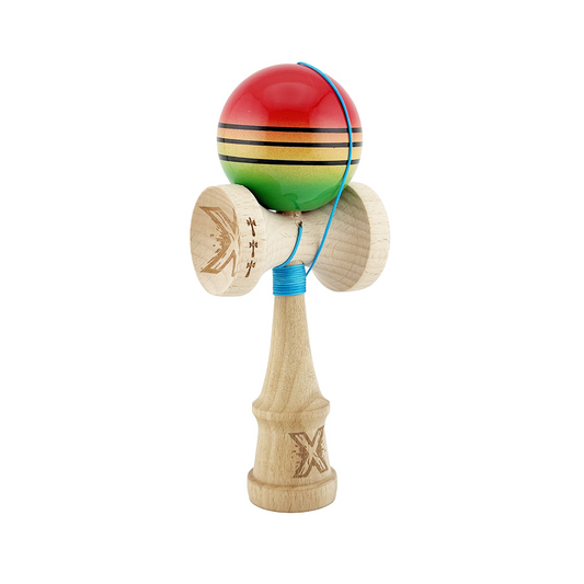 Kendama X Originala, Model Rosu / Galben / Verde in Degrade, Profesionala, Legendary, Cupe Mari, Super Sticky, Rulment, Ata 55cm