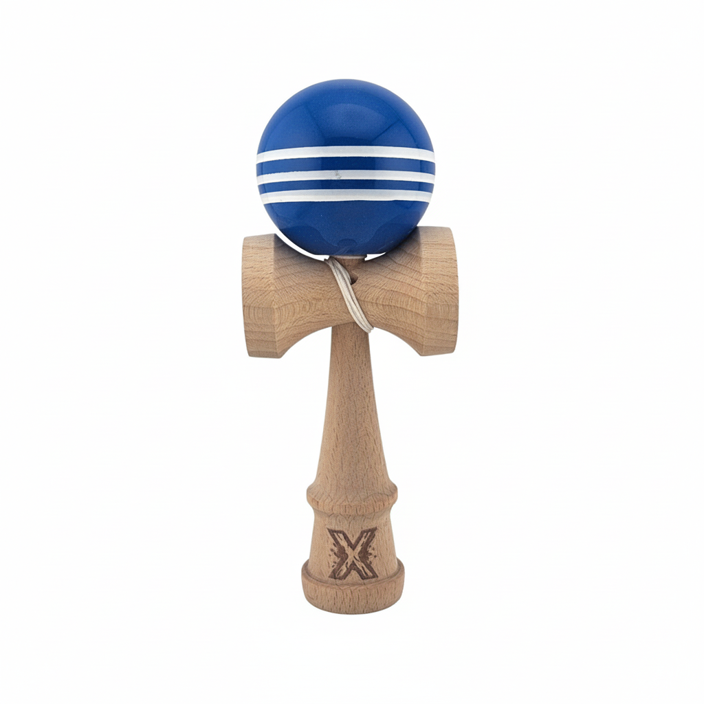 Kendama X Originala, Model Albastru cu Linii Albe, Profesionala, Super Sticky