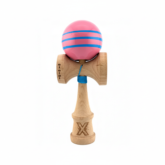 Kendama X Originala, Model Roz cu Linii Albastre, Profesionala, Legendary, Cupe Mari, Super Sticky, Rulment, Ata 55cm