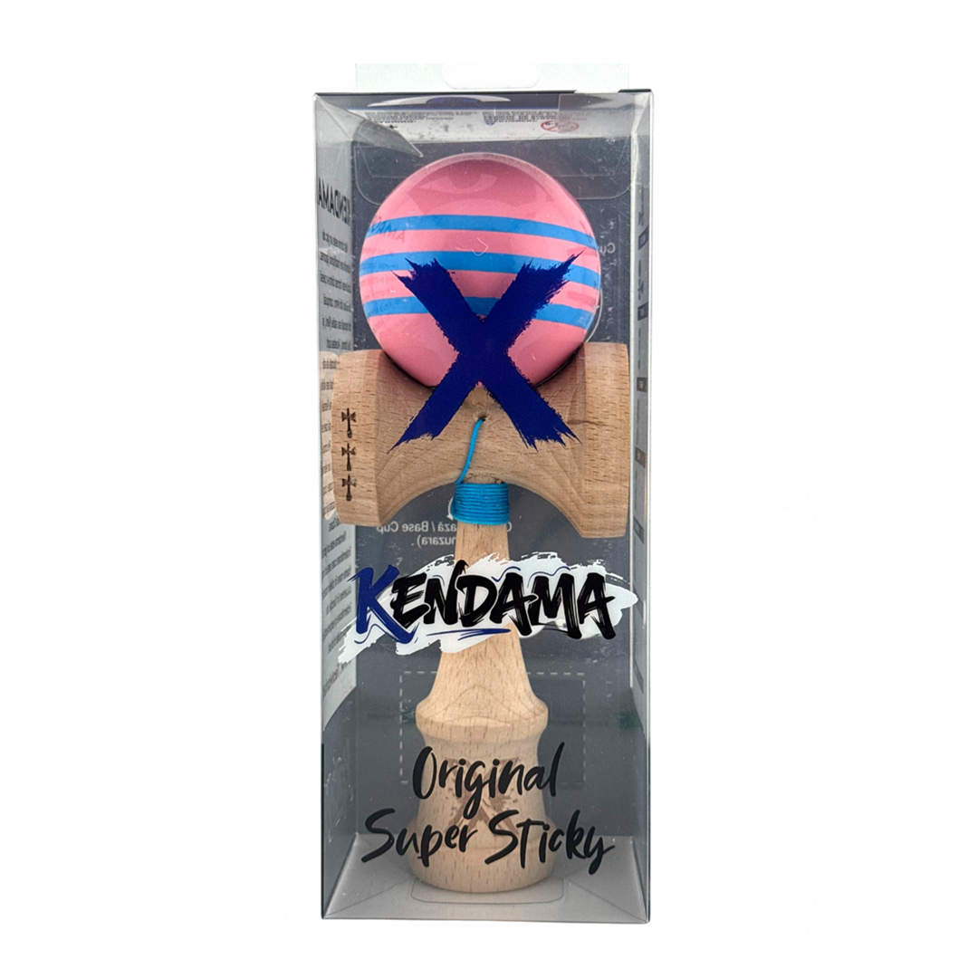 Kendama X Originala, Model Roz cu Linii Albastre, Profesionala, Legendary, Cupe Mari, Super Sticky, Rulment, Ata 55cm