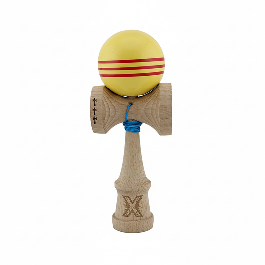 Kendama X Originala, Model Galben cu Linii Rosii, Profesionala, Legendary, Cupe Mari, Super Sticky, Rulment, Ata 55cm