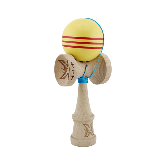 Kendama X Originala, Model Galben cu Linii Rosii, Profesionala, Legendary, Cupe Mari, Super Sticky, Rulment, Ata 55cm