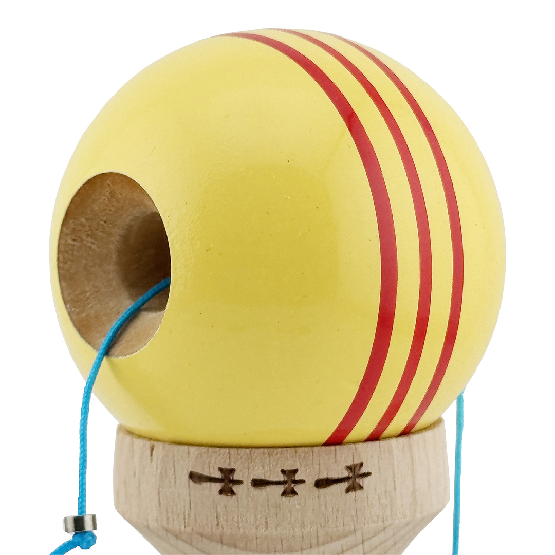 Kendama X Originala, Model Galben cu Linii Rosii, Profesionala, Legendary, Cupe Mari, Super Sticky, Rulment, Ata 55cm