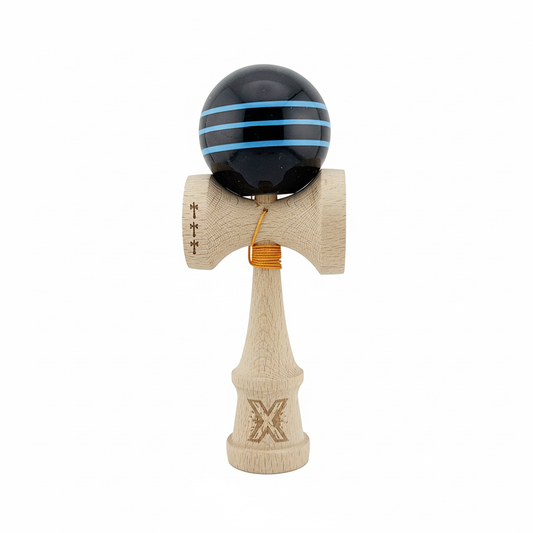 Kendama X Originala, Model Negru cu Linii Albastre Deschise, Profesionala, Legendary, Cupe Mari, Super Sticky, Rulment, Ata 55cm