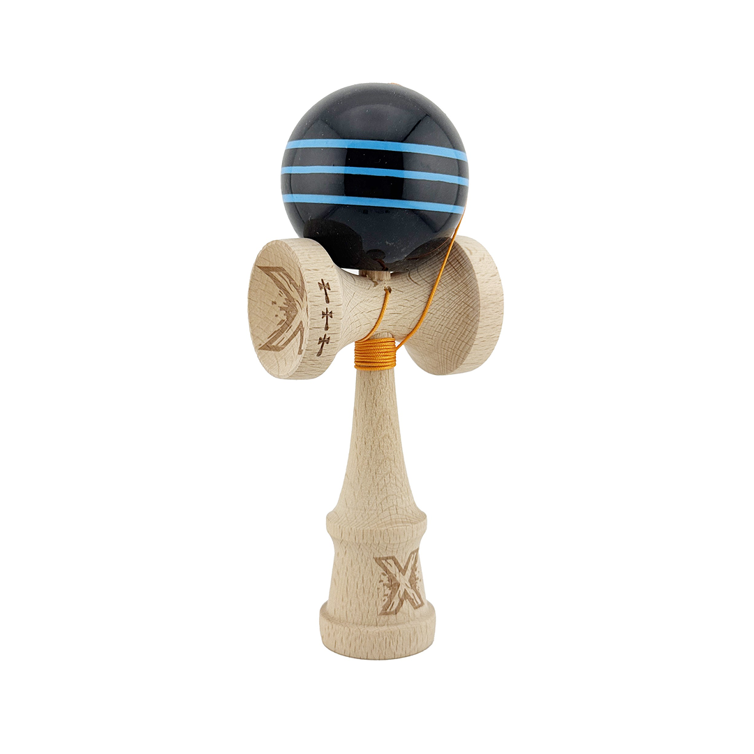 Kendama X Originala, Model Negru cu Linii Albastre Deschise, Profesionala, Legendary, Cupe Mari, Super Sticky, Rulment, Ata 55cm