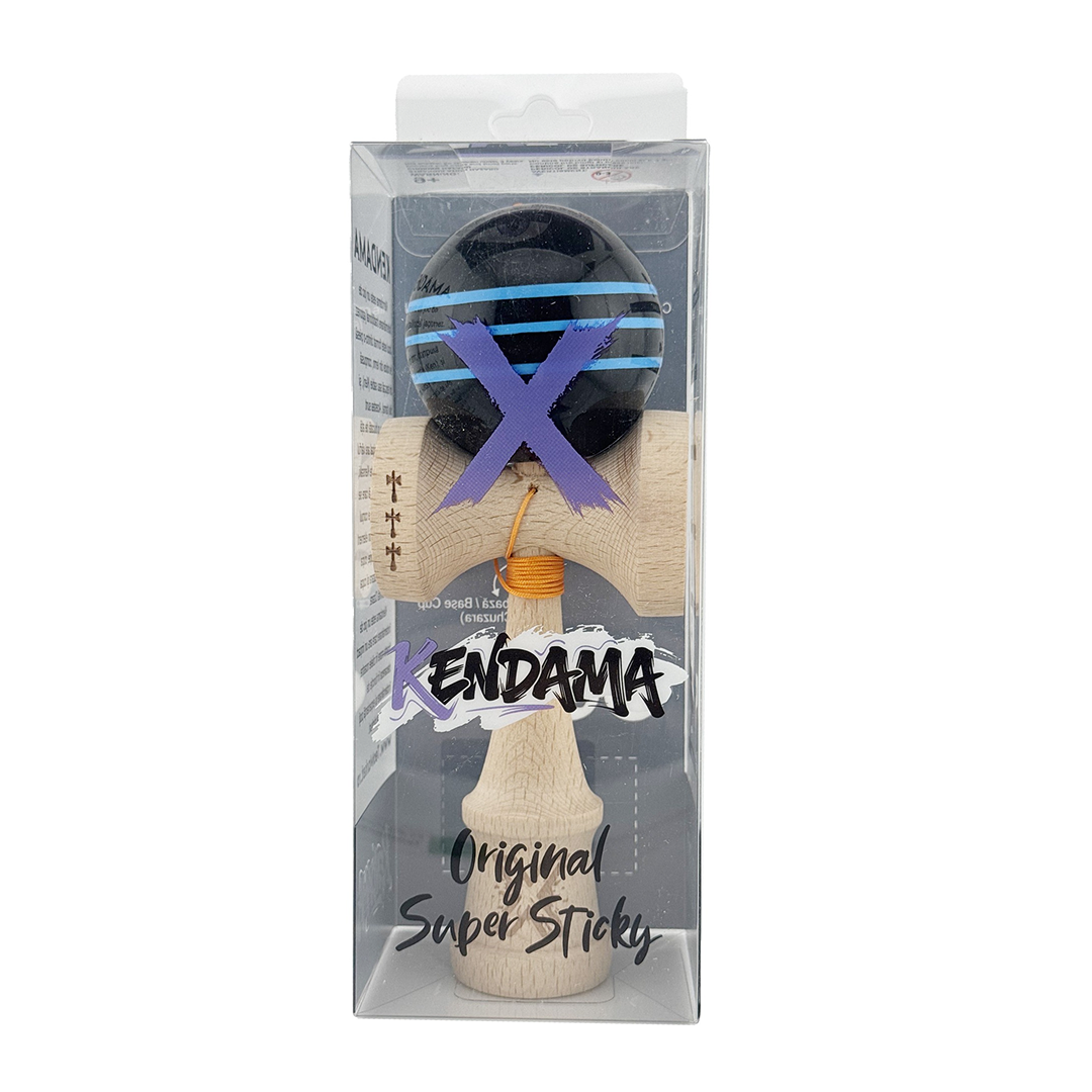Kendama X Originala, Model Negru cu Linii Albastre Deschise, Profesionala, Legendary, Cupe Mari, Super Sticky, Rulment, Ata 55cm