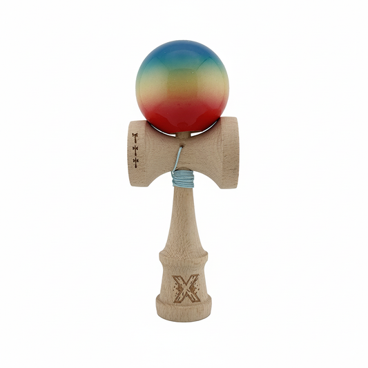 Kendama X Originala, Model Albastru / Galben / Rosu in Degrade, Profesionala, Cupe Mari, Super Sticky, Rulment, Ata 55cm