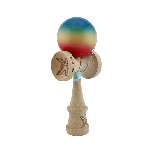 Kendama X Originala, Model Albastru / Galben / Rosu in Degrade, Profesionala, Cupe Mari, Super Sticky, Rulment, Ata 55cm