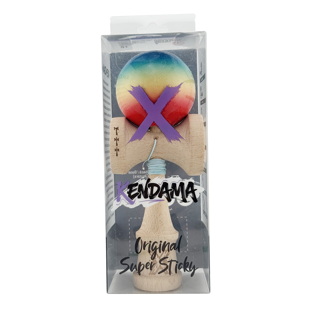 Kendama X Originala, Model Albastru / Galben / Rosu in Degrade, Profesionala, Cupe Mari, Super Sticky, Rulment, Ata 55cm