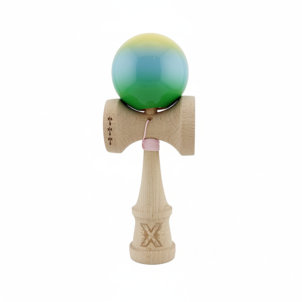 Kendama X Originala, Model Galben / Albastru deschis / Verde in Degrade, Profesionala, Cupe Mari, Super Sticky, Rulment, Ata 55cm