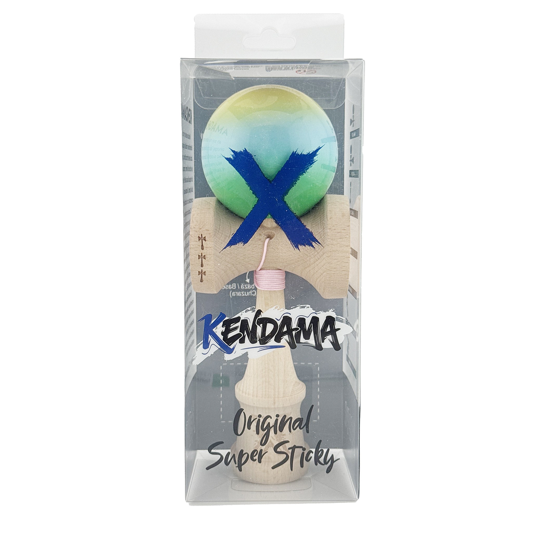 Kendama X Originala, Model Galben / Albastru deschis / Verde in Degrade, Profesionala, Cupe Mari, Super Sticky, Rulment, Ata 55cm