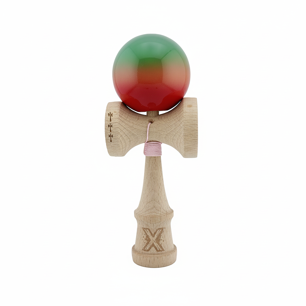 Kendama X Originala, Model Rosu / Verde in Degrade, Profesionala, Cupe Mari, Super Sticky, Rulment, Ata 55cm