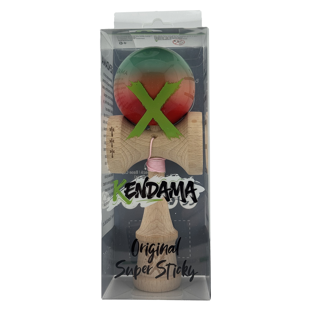 Kendama X Originala, Model Rosu / Verde in Degrade, Profesionala, Cupe Mari, Super Sticky, Rulment, Ata 55cm