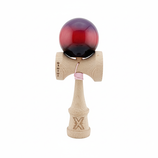 Kendama X Originala, Model Mov / Rosu / Negru in Degrade, Profesionala, Cupe Mari, Super Sticky, Rulment, Ata 55cm