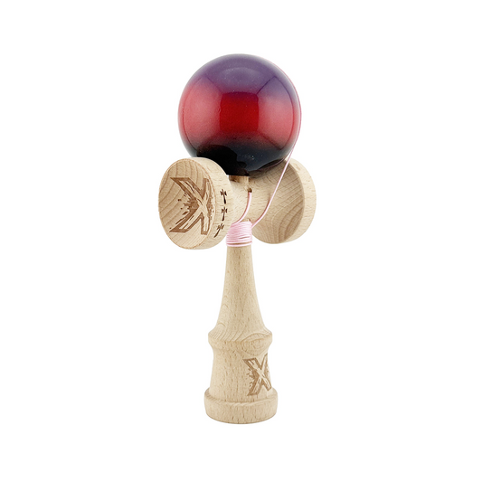 Kendama X Originala, Model Mov / Rosu / Negru in Degrade, Profesionala, Cupe Mari, Super Sticky, Rulment, Ata 55cm