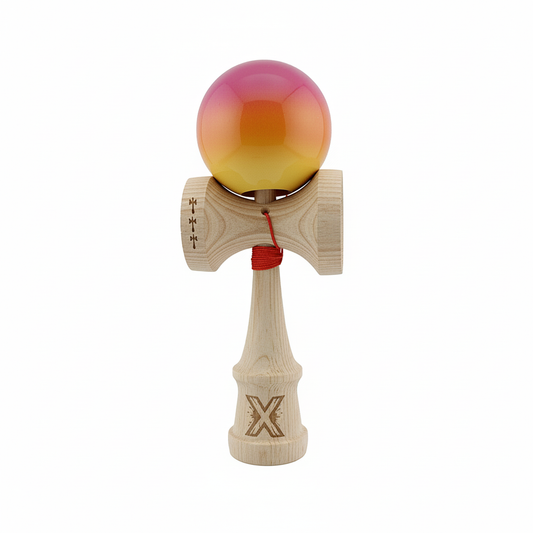 Kendama X Originala, Model Roz / Portocaliu / Galben in Degrade, Profesionala, Cupe Mari, Super Sticky, Rulment, Ata 55cm