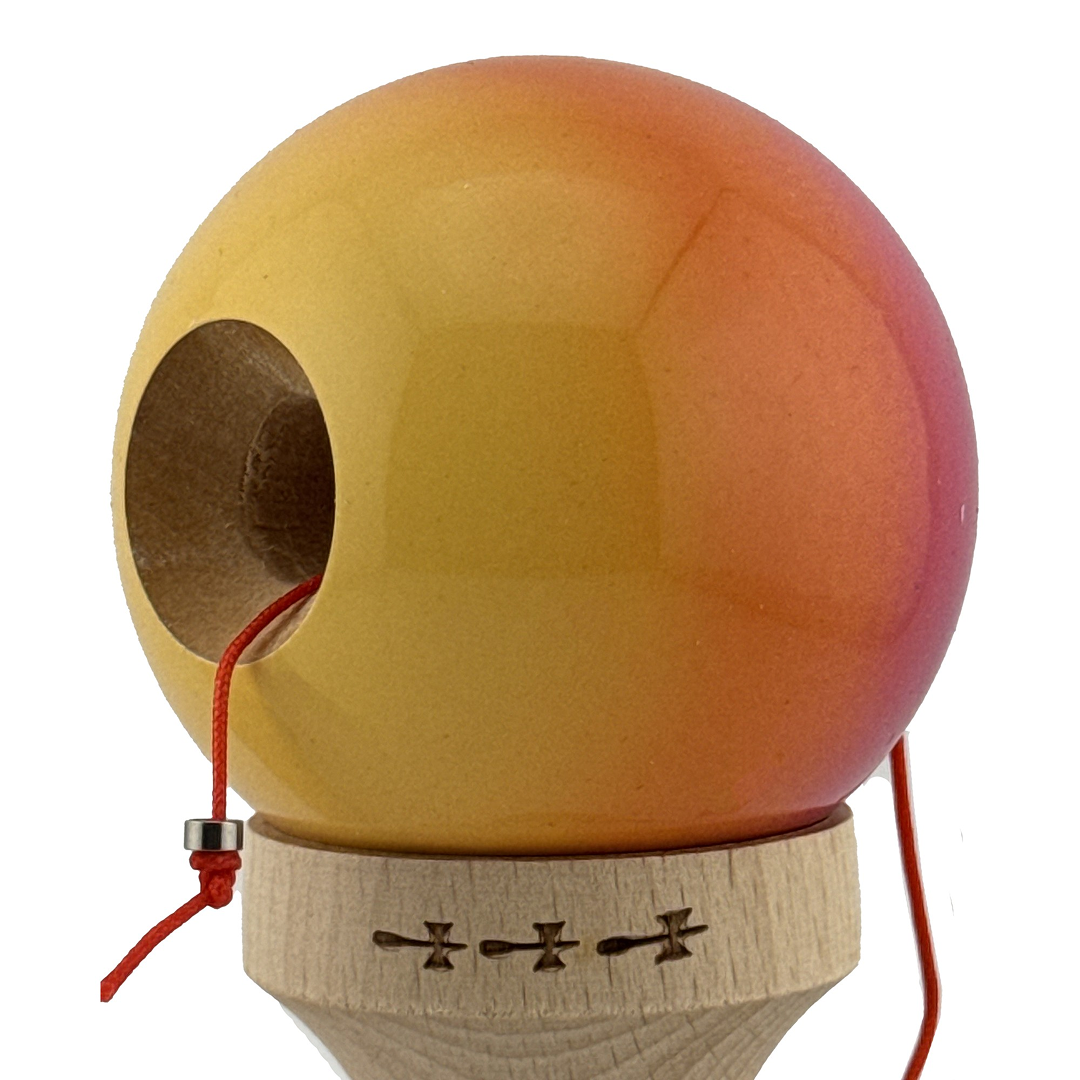 Kendama X Originala, Model Roz / Portocaliu / Galben in Degrade, Profesionala, Cupe Mari, Super Sticky, Rulment, Ata 55cm