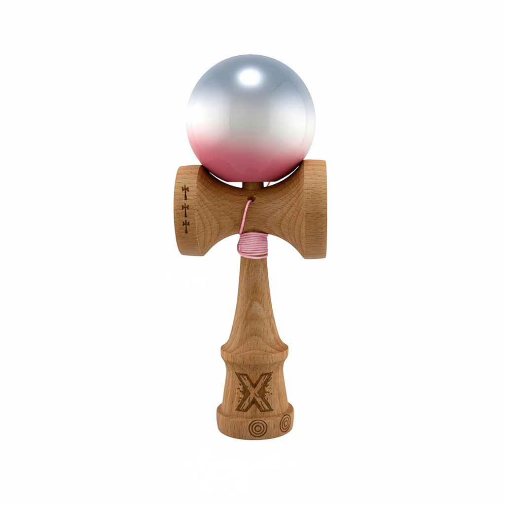Kendama X Originala, Model Roz / Alb / Gri in Degrade, Profesionala, Cupe Mari, Super Sticky, Rulment, Ata 55cm