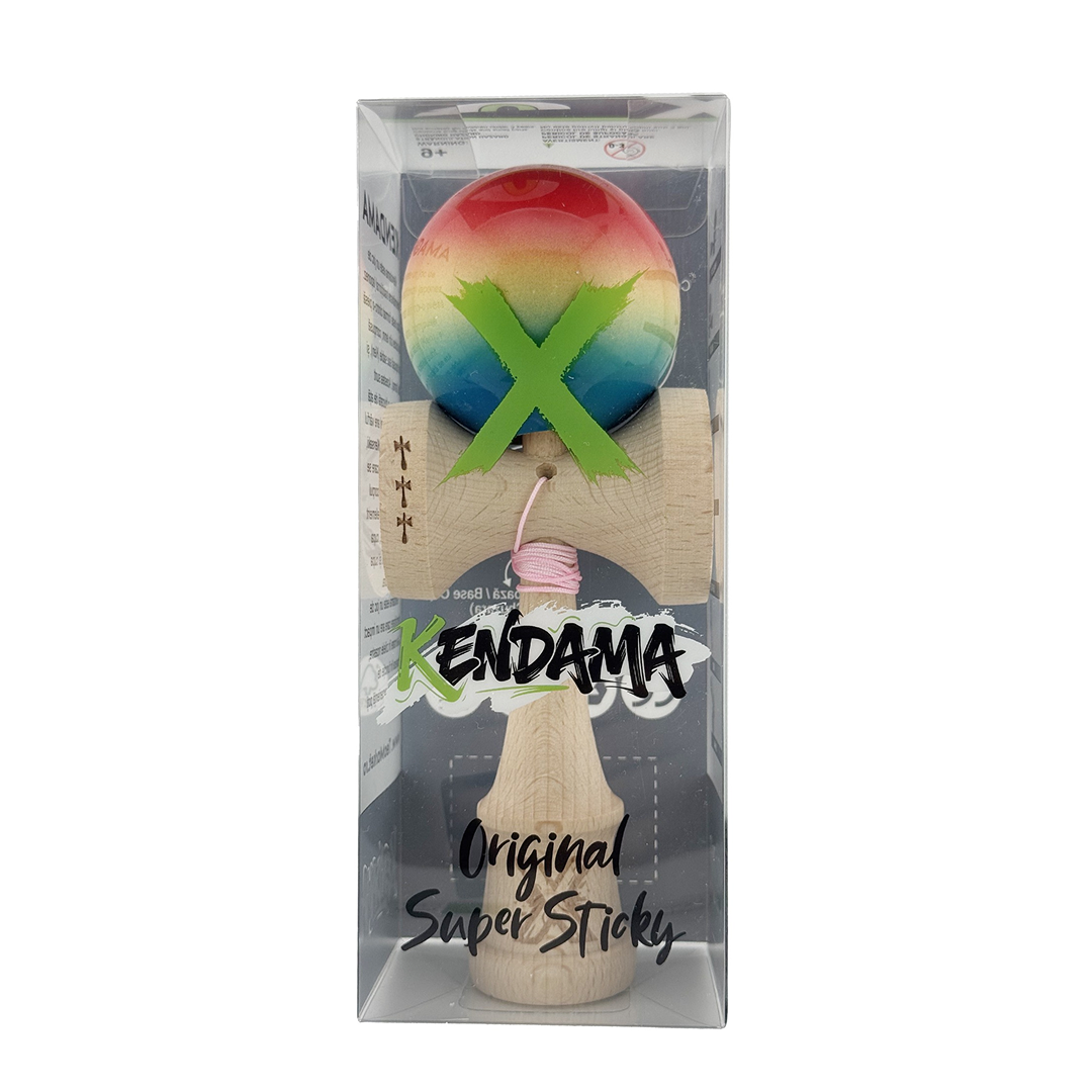 Kendama X Originala, Model Rosu / Galben / Albastru in Degrade, Profesionala, Cupe Mari, Super Sticky, Rulment, Ata 55cm
