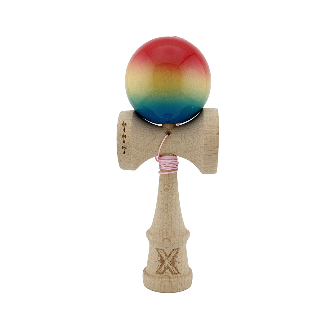 Kendama X Originala, Model Rosu / Galben / Albastru in Degrade, Profesionala, Cupe Mari, Super Sticky, Rulment, Ata 55cm