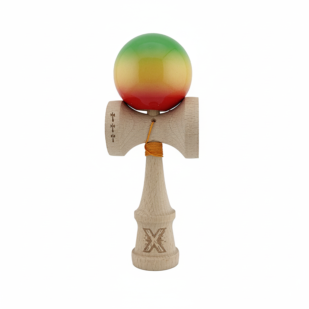 Kendama X Originala, Model Verde / Galben / Rosu in Degrade, Profesionala, Cupe Mari, Super Sticky, Rulment, Ata 55cm