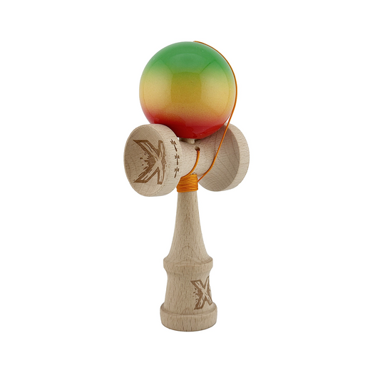 Kendama X Originala, Model Verde / Galben / Rosu in Degrade, Profesionala, Cupe Mari, Super Sticky, Rulment, Ata 55cm
