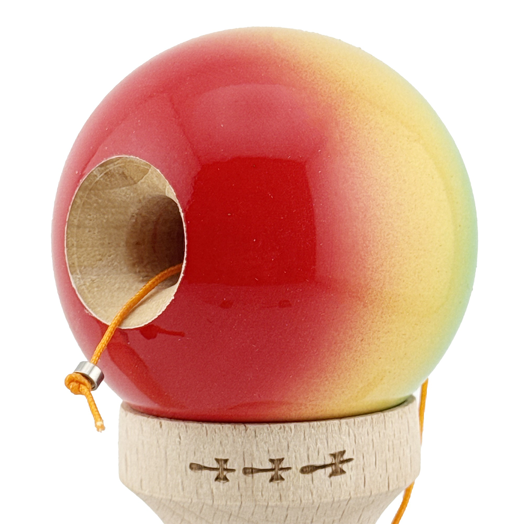 Kendama X Originala, Model Verde / Galben / Rosu in Degrade, Profesionala, Cupe Mari, Super Sticky, Rulment, Ata 55cm