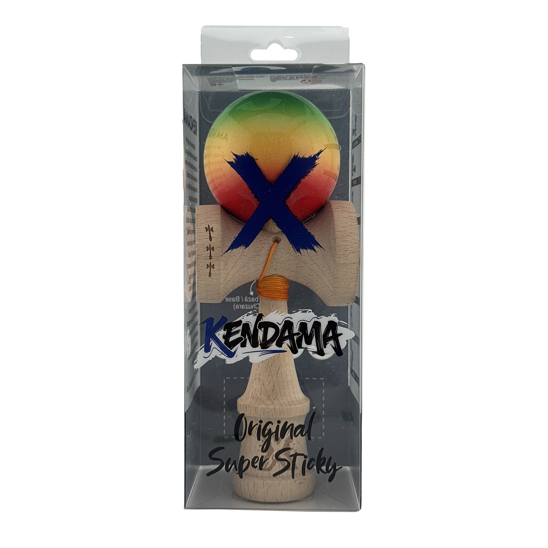 Kendama X Originala, Model Verde / Galben / Rosu in Degrade, Profesionala, Cupe Mari, Super Sticky, Rulment, Ata 55cm