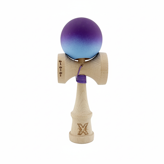 Kendama X Originala, Model Violet / Albastru in Degrade, Profesionala, Cupe Mari, Rubber Grip, Rulment, Ata 55cm