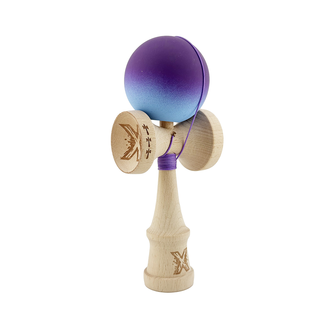 Kendama X Originala, Model Violet / Albastru in Degrade, Profesionala, Cupe Mari, Rubber Grip, Rulment, Ata 55cm