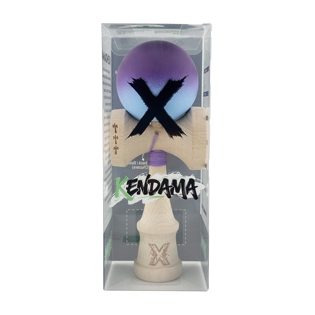 Kendama X Originala, Model Violet / Albastru in Degrade, Profesionala, Cupe Mari, Rubber Grip, Rulment, Ata 55cm
