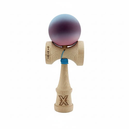Kendama X Originala, Model Albastru / Mov / Roz in Degrade, Profesionala, Cupe Mari, Rubber Grip, Rulment, Ata 55cm