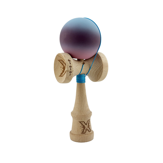 Kendama X Originala, Model Albastru / Mov / Roz in Degrade, Profesionala, Cupe Mari, Rubber Grip, Rulment, Ata 55cm
