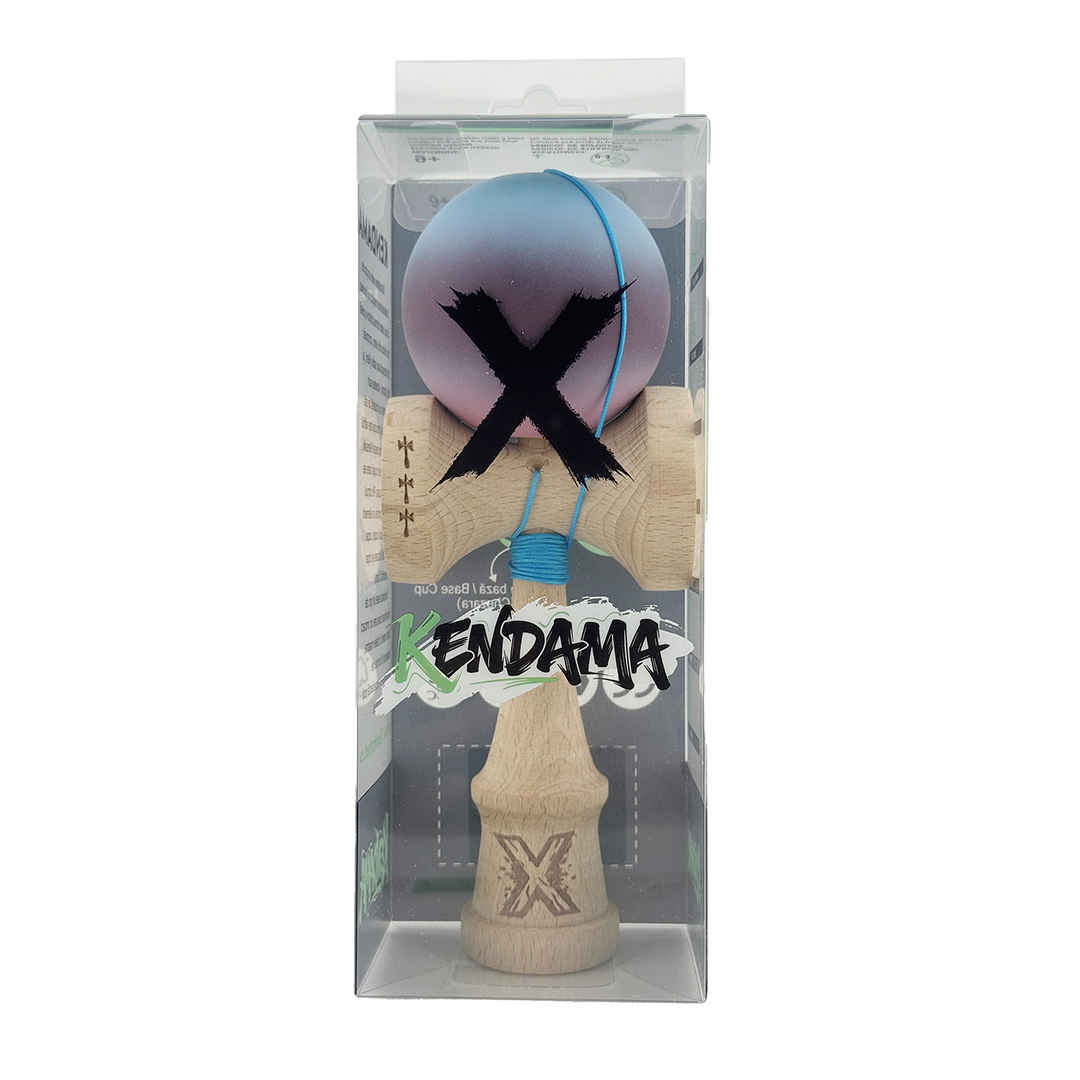 Kendama X Originala, Model Albastru / Mov / Roz in Degrade, Profesionala, Cupe Mari, Rubber Grip, Rulment, Ata 55cm