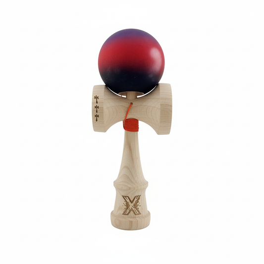 Kendama X Originala, Model Mov / Rosu / Negru in Degrade, Profesionala, Cupe Mari, Rubber Grip, Rulment, Ata 55cm