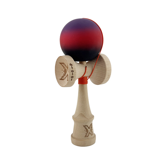 Kendama X Originala, Model Mov / Rosu / Negru in Degrade, Profesionala, Cupe Mari, Rubber Grip, Rulment, Ata 55cm