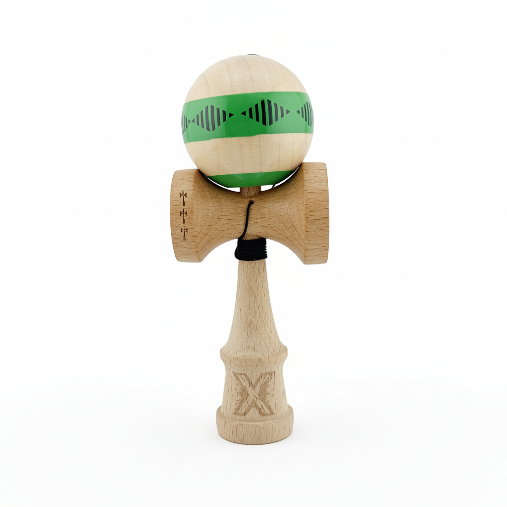 Kendama X Vibes Originala, Model Frequency Verde / Maro, Profesionala, Cupe Mari, Super Sticky, Rulment, Ata 55cm
