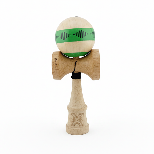 Kendama X Vibes Originala, Model Frequency Verde / Maro, Profesionala, Cupe Mari, Super Sticky, Rulment, Ata 55cm