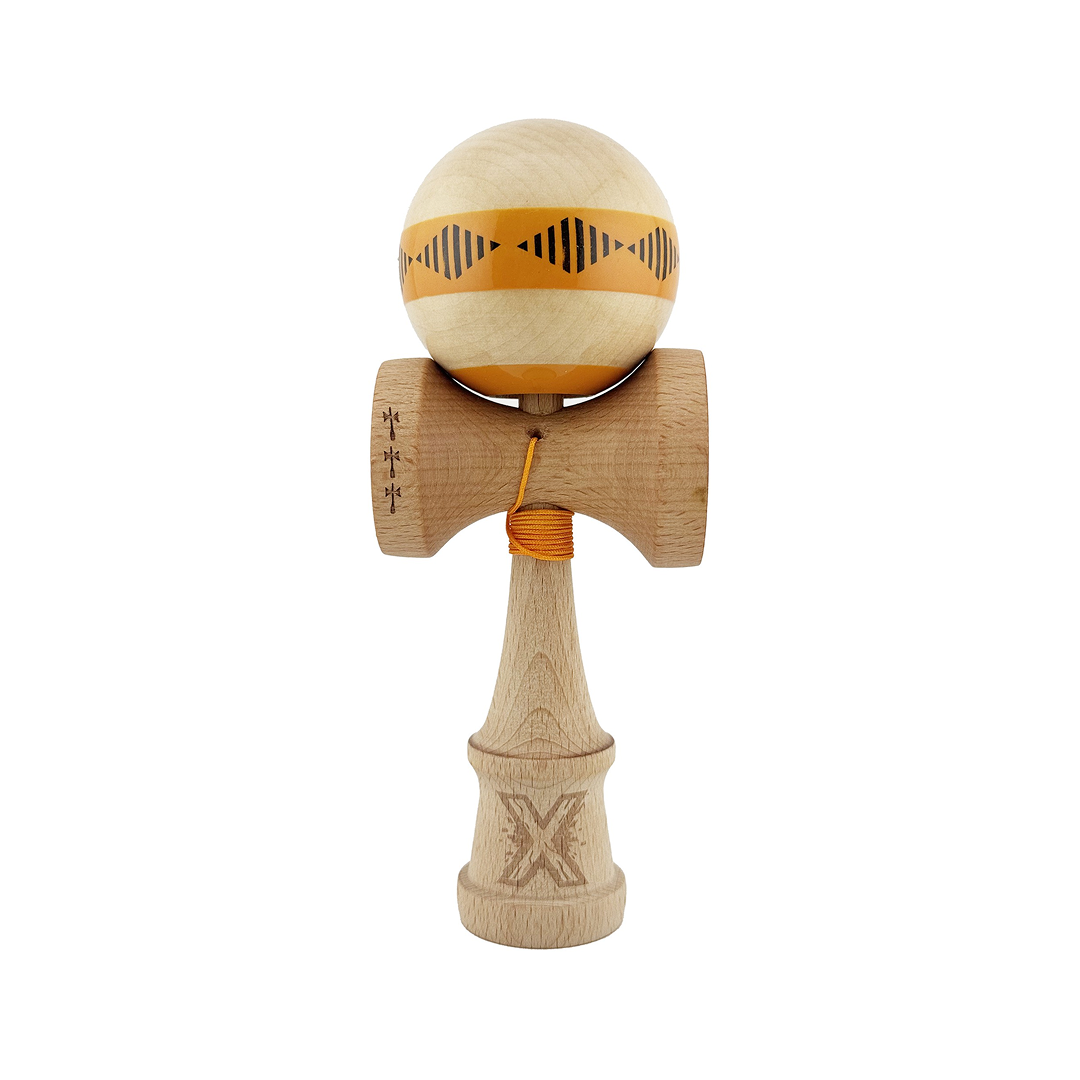Kendama X Vibes Originala, Model Frequency Portocaliu / Maro, Profesionala, Cupe Mari, Super Sticky, Rulment, Ata 55cm