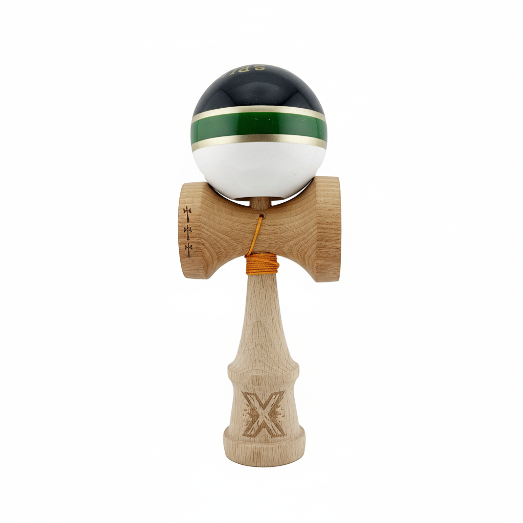 Kendama X Royal Spike Originala, Model Negru / Verde Gold / Alb, Profesionala, Cupe Mari, Super Sticky, Rulment, Ata 55cm