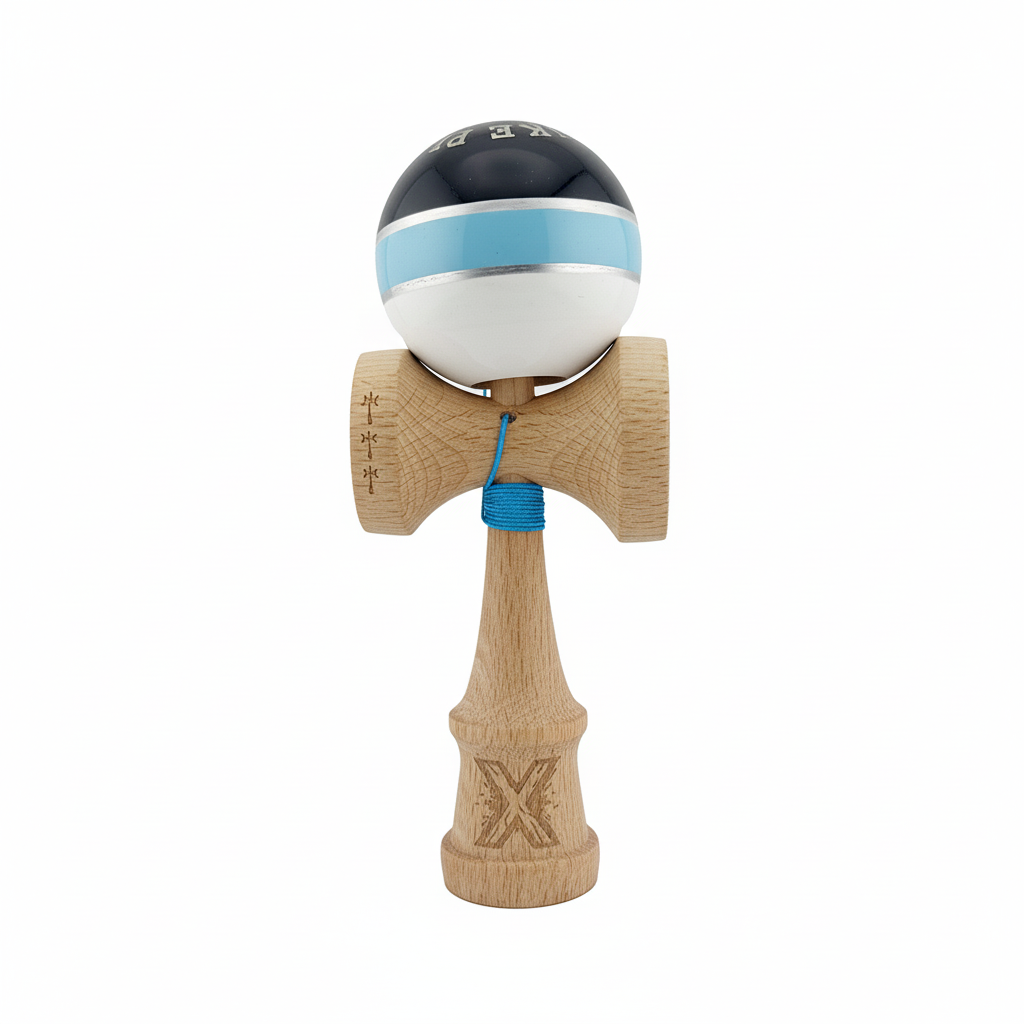 Kendama X Royal Spike Originala, Model Negru / Albastru Silver / Alb, Profesionala, Cupe Mari, Super Sticky, Rulment, Ata 55cm