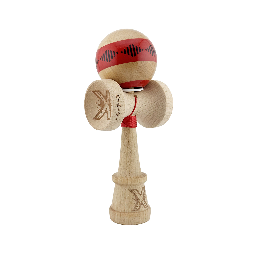 Kendama X Vibes Originala, Model V3 Rosu, Profesionala, Cupe Mari King Size, Super Sticky, Gaura in Baza, Rulment, Ata 55cm