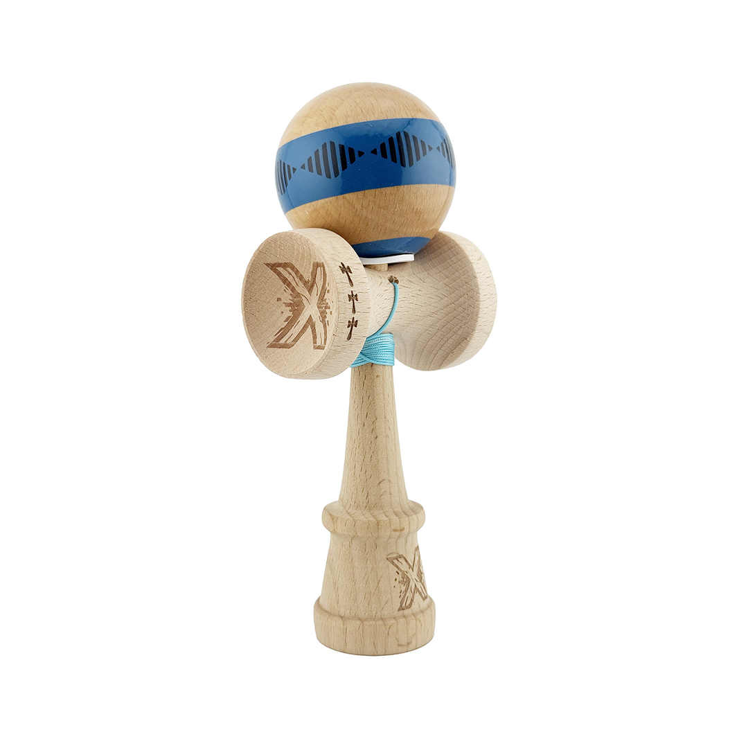 Kendama X Vibes Originala, Model V3 Albastru, Profesionala, Cupe Mari King Size, Super Sticky, Gaura in Baza, Rulment, Ata 55cm