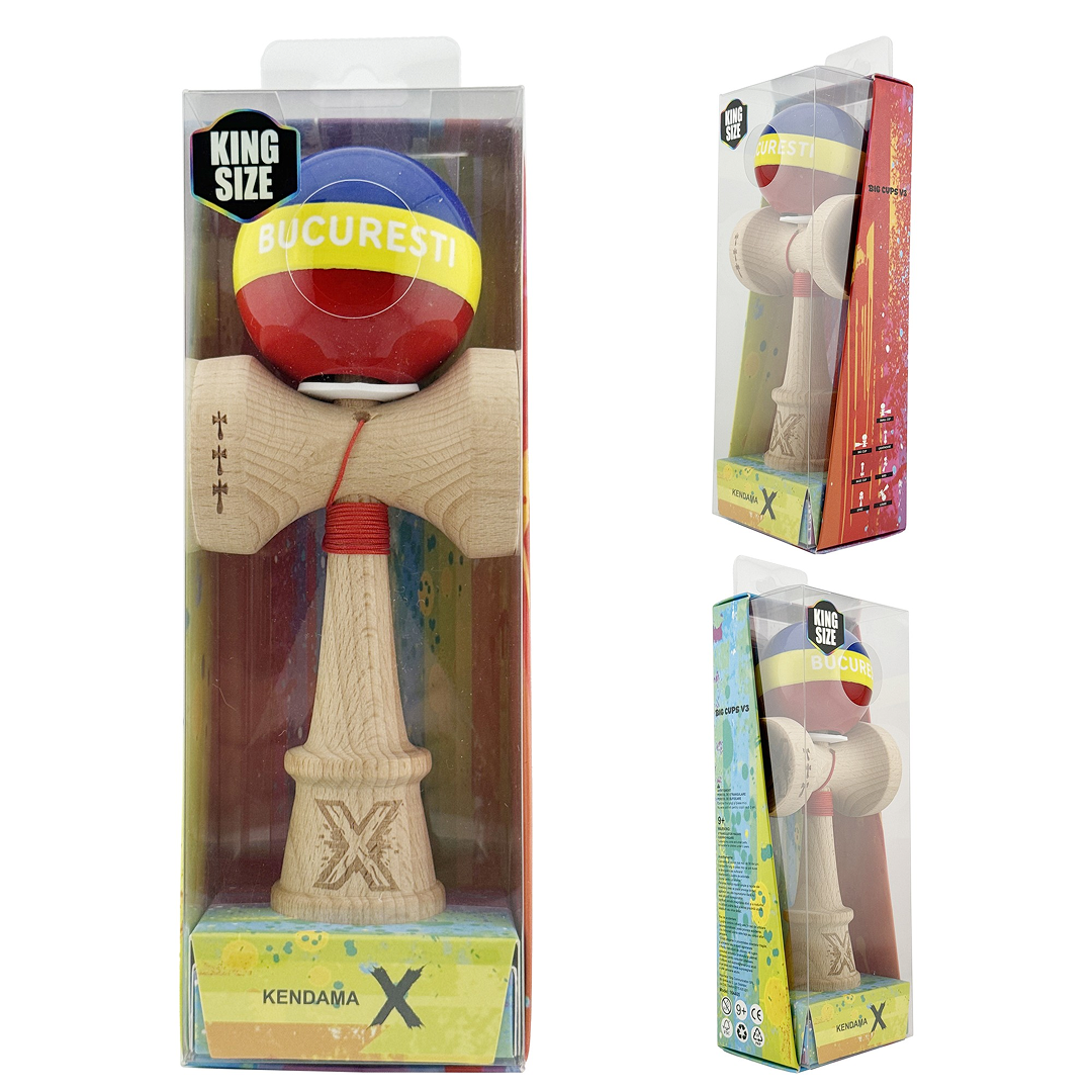 Kendama X Originala, Special Edition Bucuresti, Model V3 Multicolor, Profesionala, Cupe Mari King Size, Super Sticky, Gaura in Baza, Rulment, Ata 55cm
