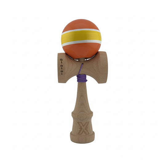 Kendama X Originala, Model Portocaliu / Galben cu Linii Albe, Profesionala, Legendary, Cupe Mari, Super Sticky, Rulment, Ata 55cm