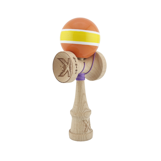 Kendama X Originala, Model Portocaliu / Galben cu Linii Albe, Profesionala, Legendary, Cupe Mari, Super Sticky, Rulment, Ata 55cm