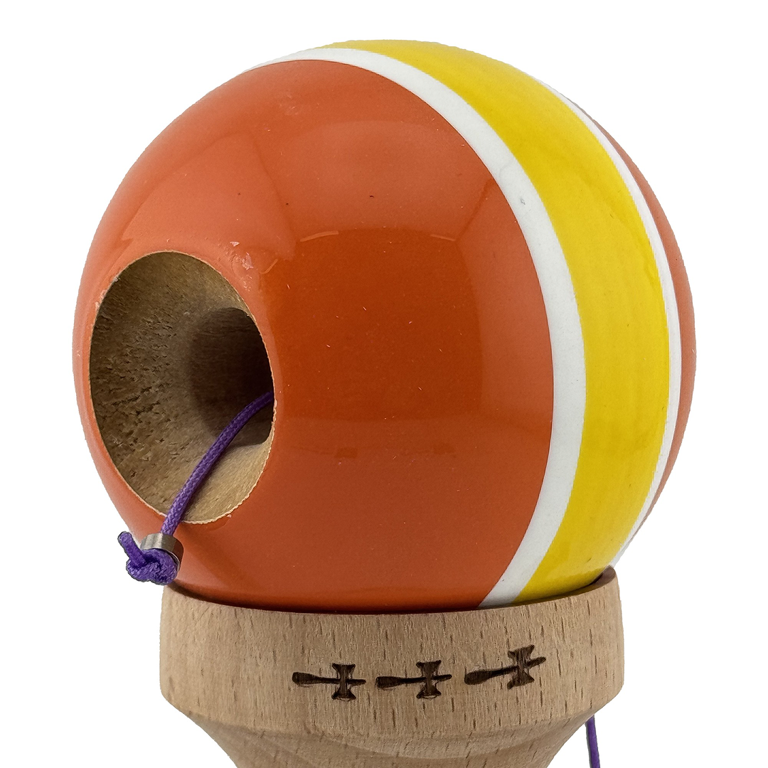 Kendama X Originala, Model Portocaliu / Galben cu Linii Albe, Profesionala, Legendary, Cupe Mari, Super Sticky, Rulment, Ata 55cm