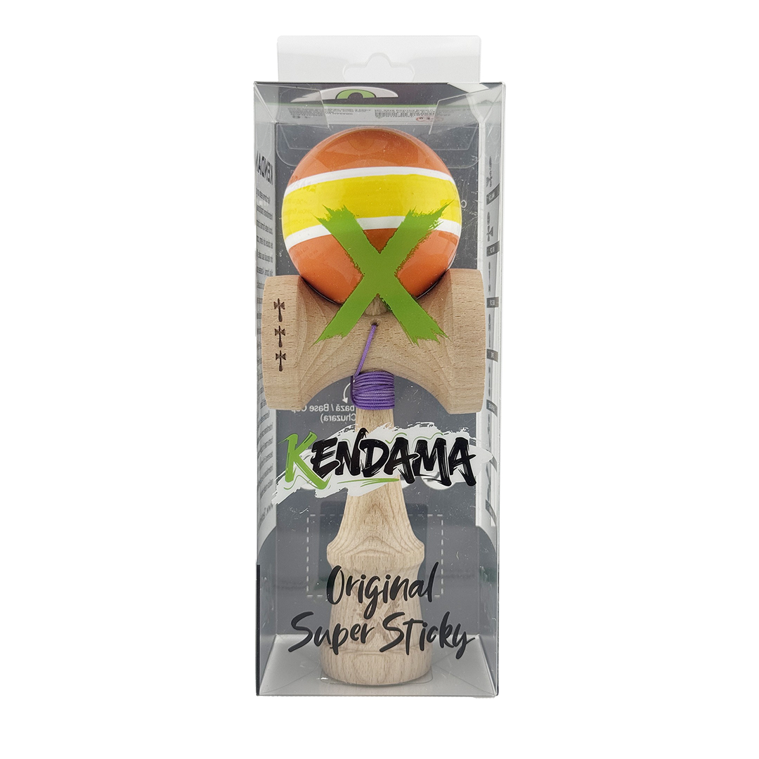 Kendama X Originala, Model Portocaliu / Galben cu Linii Albe, Profesionala, Legendary, Cupe Mari, Super Sticky, Rulment, Ata 55cm